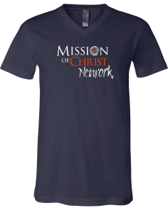 Unisex Jersey V-Neck Tee with 2025 Mission of Christ Network Logo